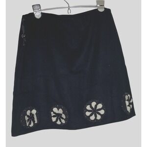 Whimsy Black Wool A-Line Skirt Floral Applique Small Draw String Waist Retro USA